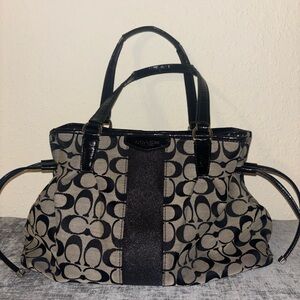 Coach Black and Tan Drawstring Carryall Signature Tote Bag